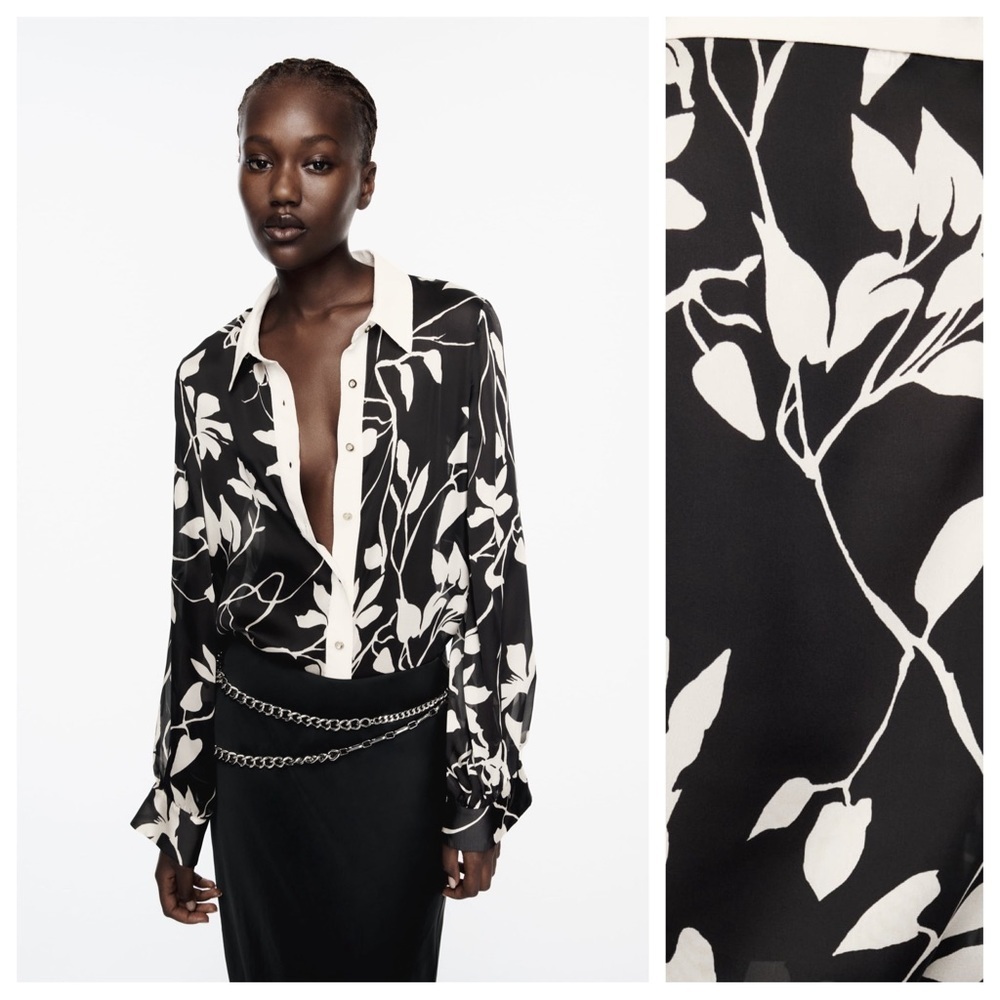 NWT. Zara Ecru/Black Floral Print Shirt. Size S.